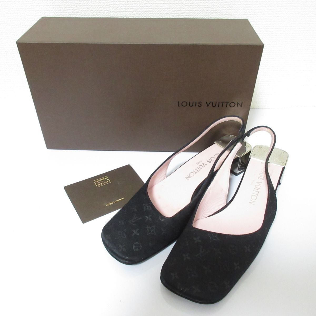 ほぼ美品 LOUIS VUITTON ルイヴィトン スクエアトゥ モノグラムサテン バックストラップ サンダル サイズ37 1/2 約24cm 黒 ブラック
