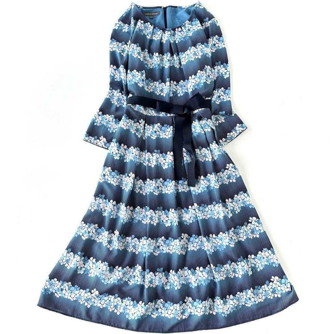 ローラアシュレイ 花柄ワンピース リボン付 ブルー 青 マルチカラー サイズ11 LAURA ASHLEY フレア Aライン 洗える レディース
