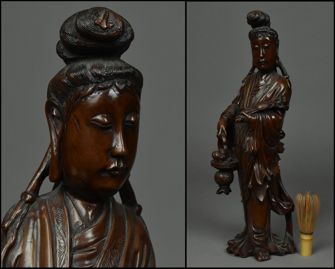 中国美術 古唐木 黄楊木 観音菩薩立像 置物 仏像 古美術品 高さ38cm