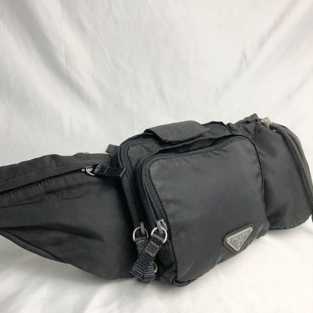 1円 極美品 PRADA プラダ 三角プレート ロゴ テスートナイロン ブラック 黒 ショルダーバッグ ボディバッグ ウエストバッグ 希少