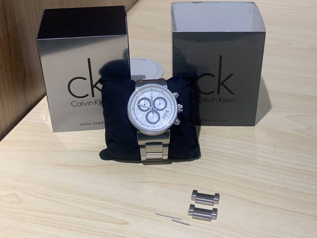 9662★電池交換済み 稼働★カルバンクライン CK QZ K75771 セレリティ クロノグラフ デイト ラウンド 白文字盤 メンズ腕時計 コマ ケース彡