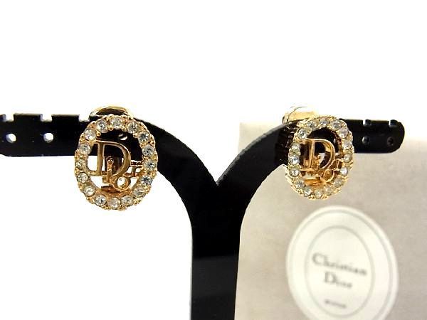 1円 ■美品■ Christian Dior ディオール ヴィンテージ ラインストーン クリップ式 イヤリング 耳飾り アクセサリー ゴールド系 AJ8457キs