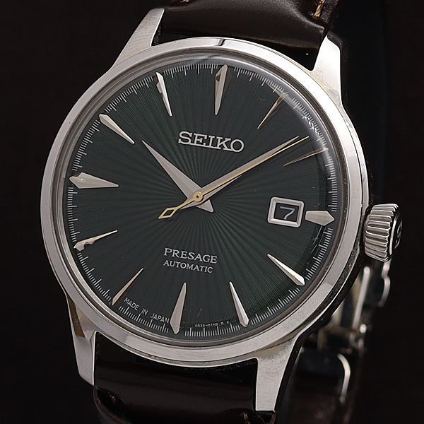 1円 稼働 良品 セイコー AT/自動巻 4R35-01T0 プレサージュ 23石 ダークグリーン文字盤 デイト 裏スケ メンズ腕時計 3973200KNZ