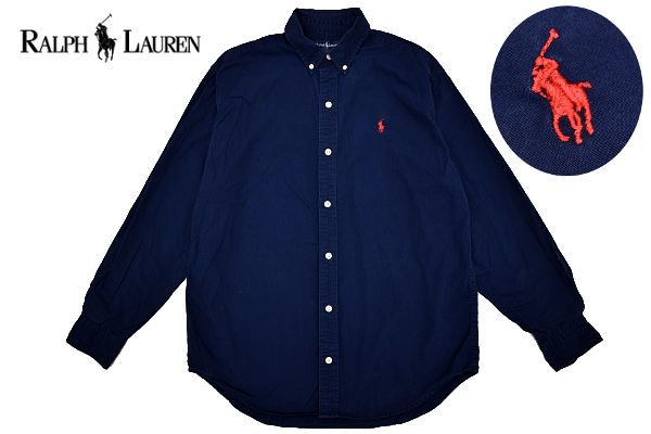 Y-5530★送料無料★美品★Ralph Lauren ラルフローレン★正規品 ネイビー紺色 ポニーロゴ刺繍 コットン 長袖 ボタンダウン シャツ Ｌ