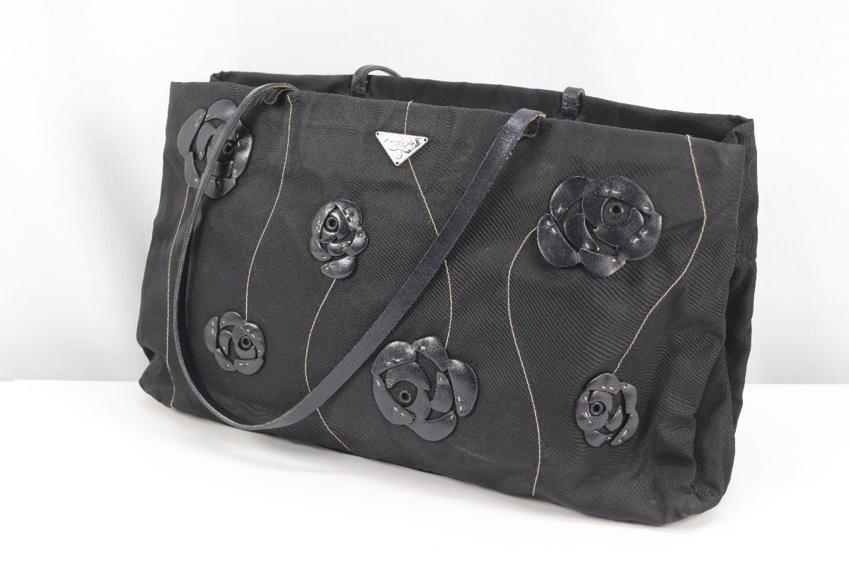 PRADA プラダ ナイロン 花柄 フラワー レザー トートバッグ ブラック 