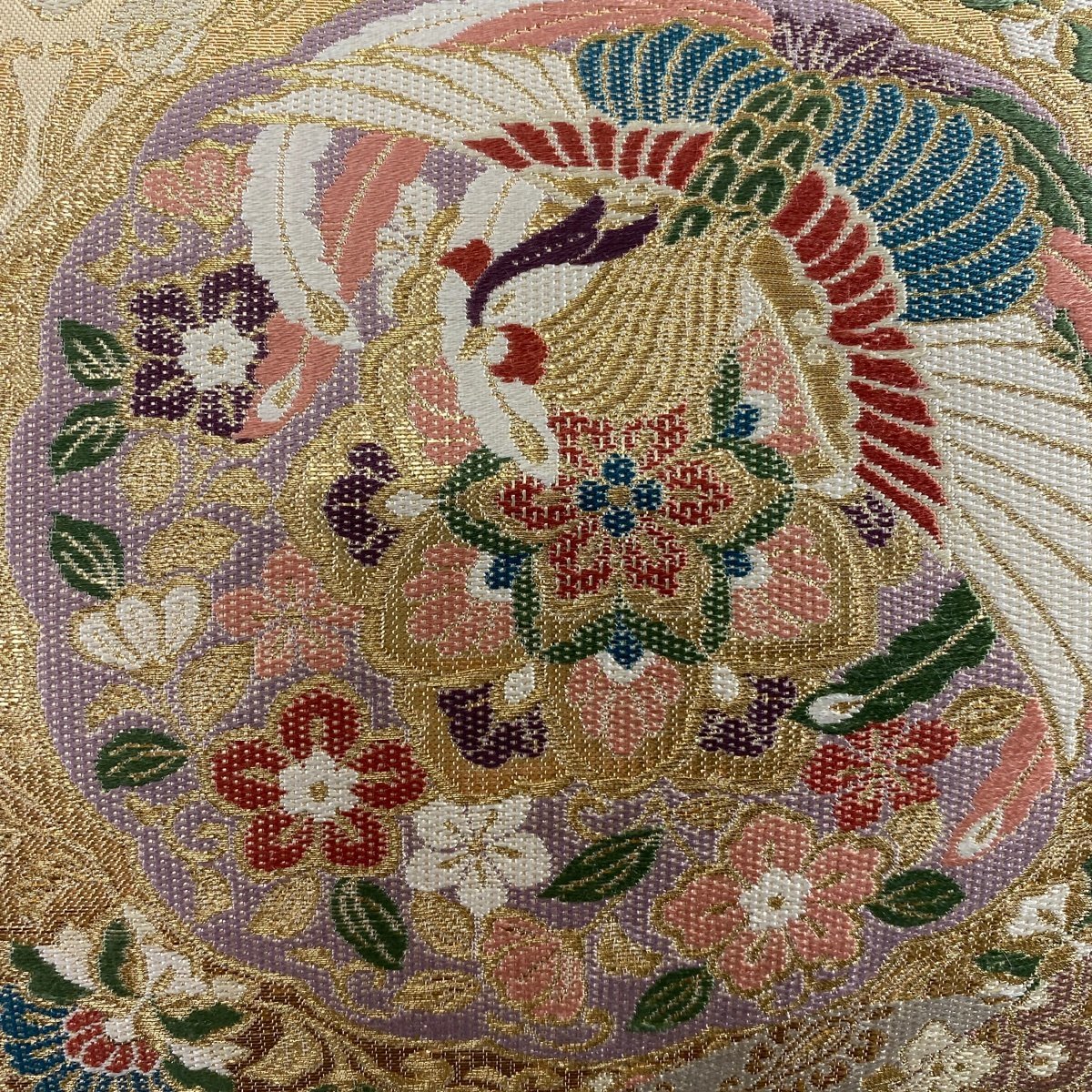 袋帯 美品 秀品 華文 花喰い鳥 箔 金糸 金色 六通 正絹 【中古】 袋帯