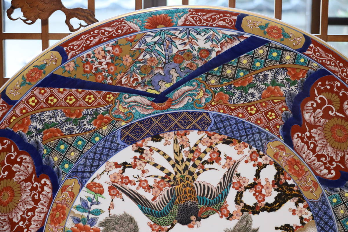 C29 特大 直径100cm 染錦古伊万里絵 二頭獅子鳥図 神右衛門 銘 大皿 三 