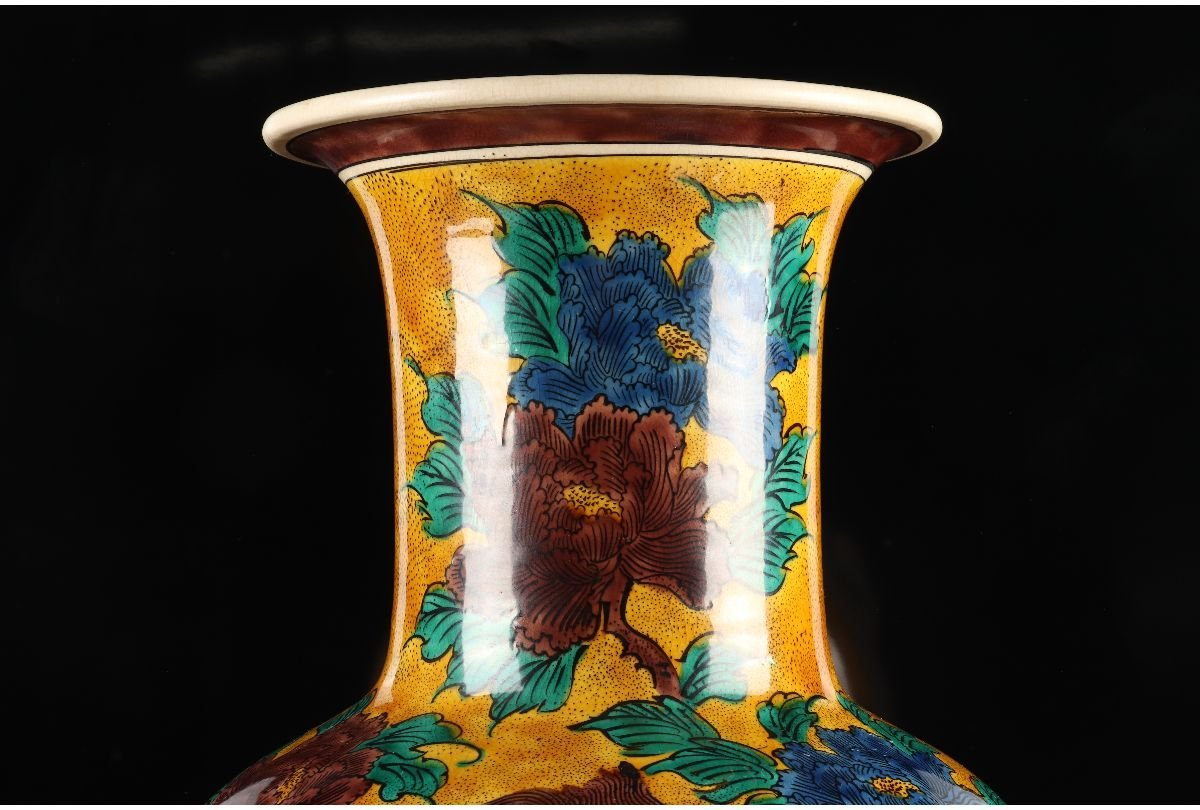 URA]角福/青手九谷牡丹獅子図大花瓶/約61cm/4-4-154(検)骨董/九谷焼 