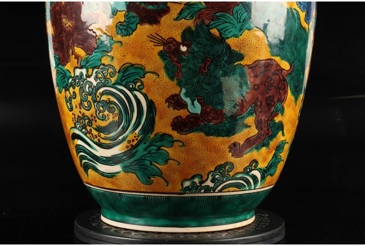 URA]角福/青手九谷牡丹獅子図大花瓶/約61cm/4-4-154(検)骨董/九谷焼 