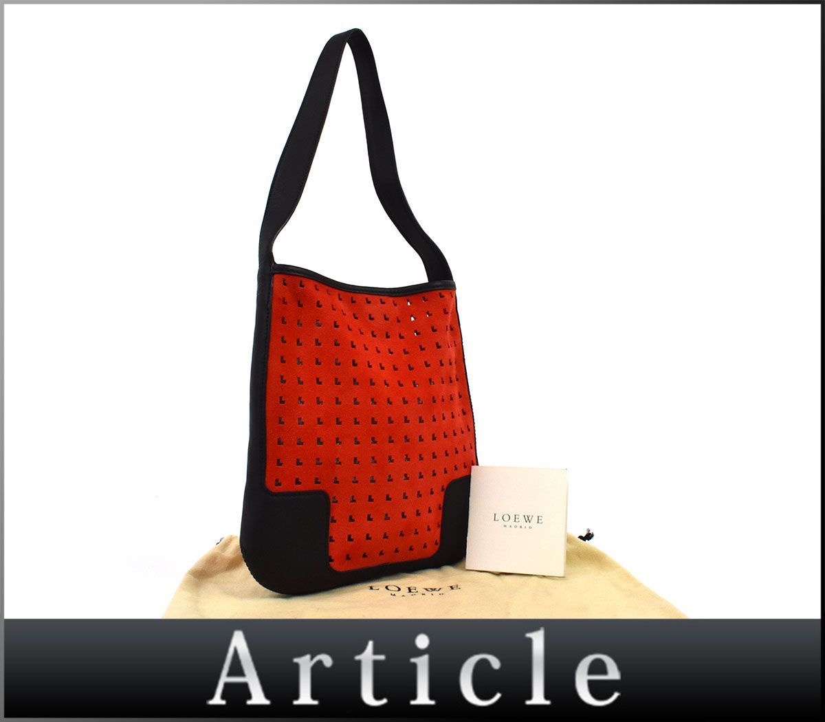 145421★美品 LOEWE ロエベ アナグラム パンチング ショルダーバッグ スエード レザー 革 レッド ブラック レディース 保存袋/ B