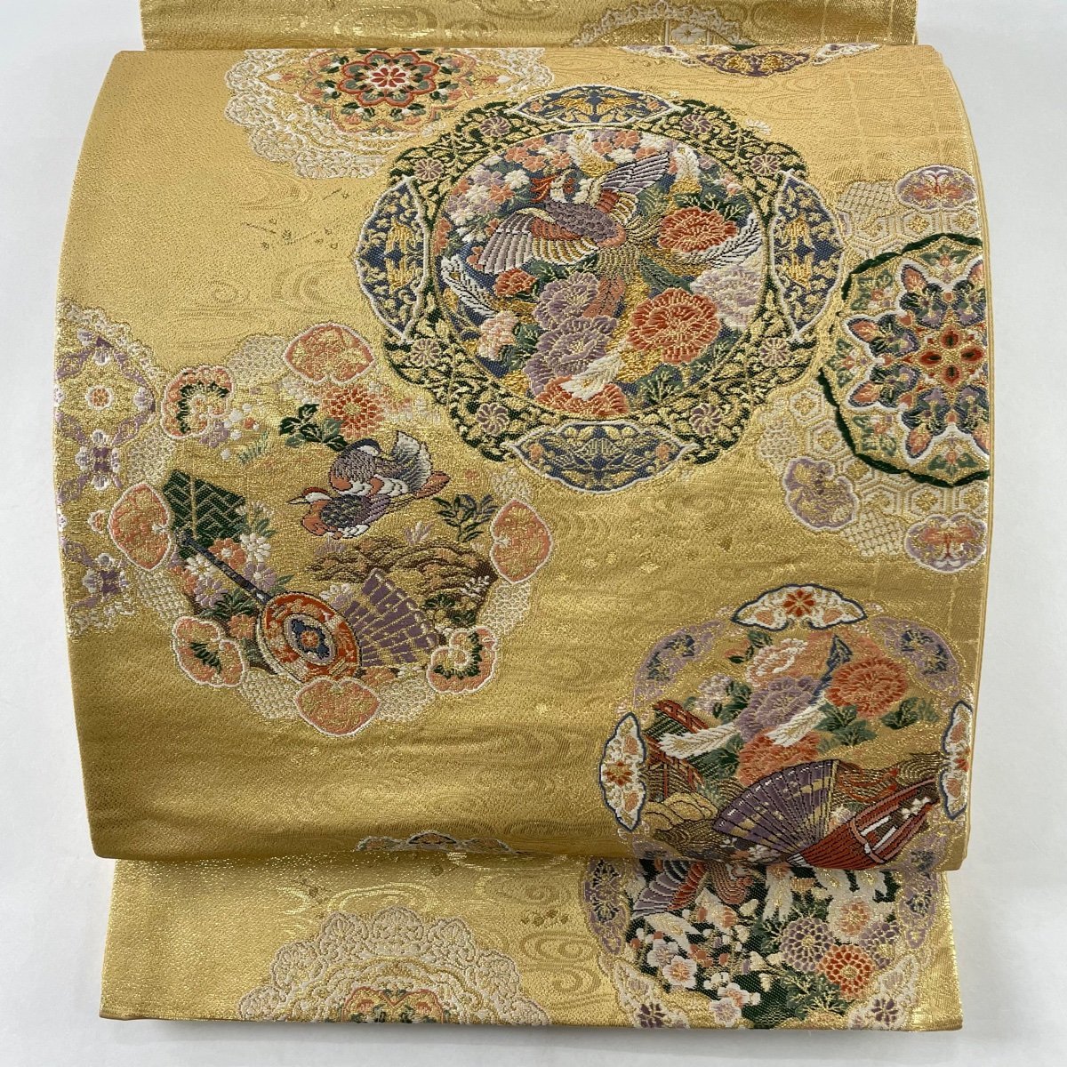 K中古美品 袋帯 蘇川刺繍 花鳥模様 ベージュ×金■N80805-06 袋帯 美品 秀品 華文 花鳥 金糸 箔 金色 六通 正絹 【中古】 袋帯 秀品