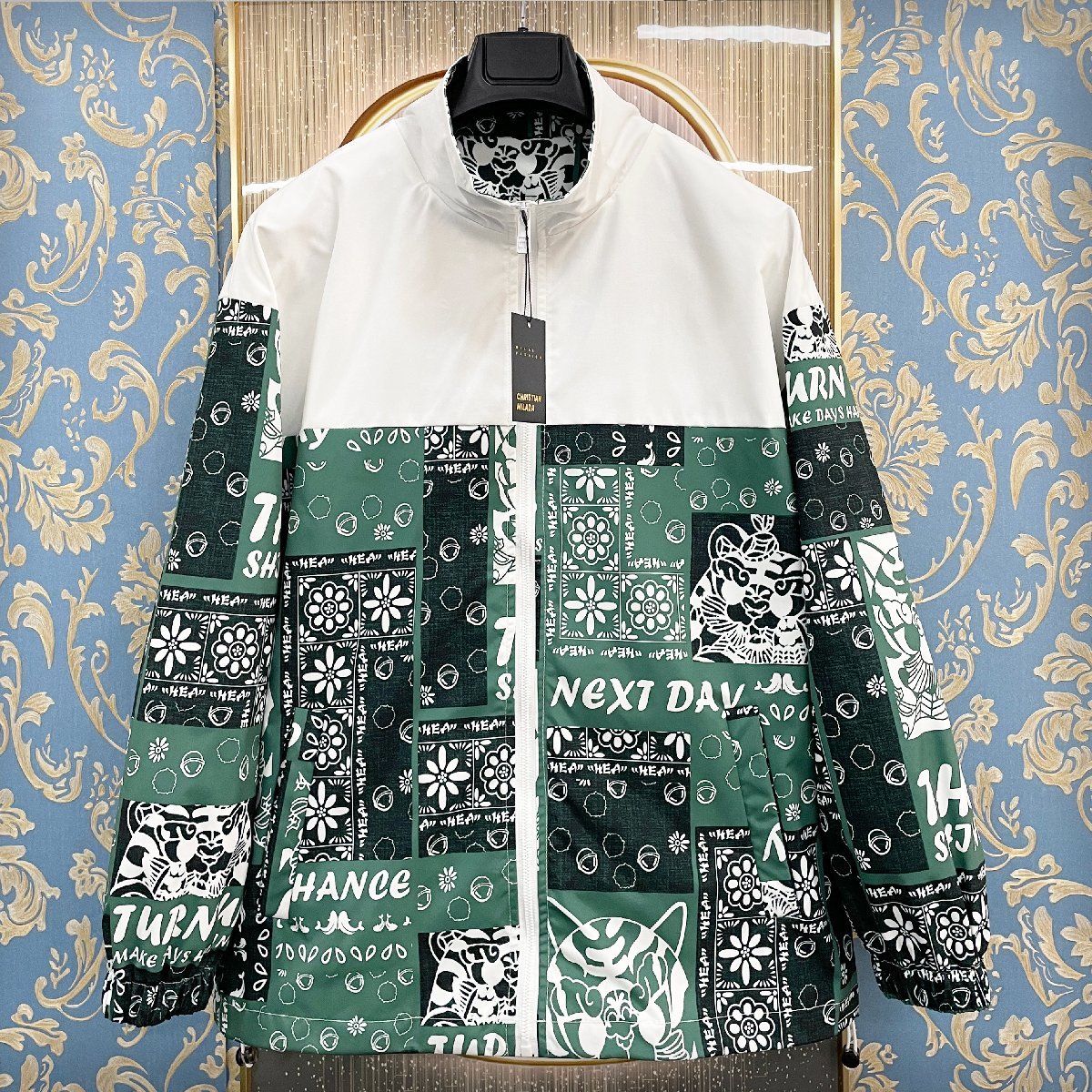 定価5万 ★ christian milada ★ ミラノ発 個性 ジャケット 速乾 薄手 グリーン カシューナッツ柄 ICT ブルゾン アウター M/46サイズ