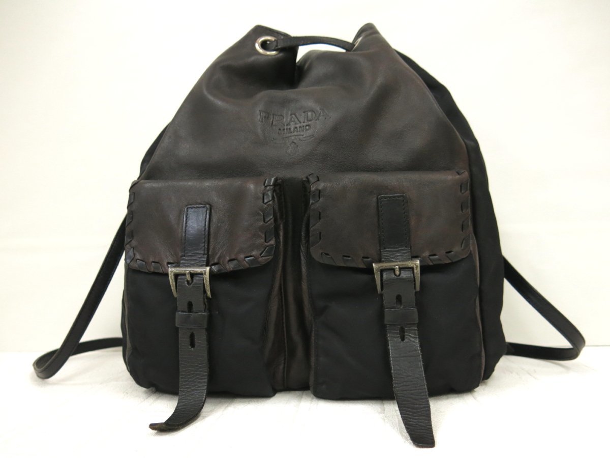 ◇美品◇PRADA プラダ◇ロゴ型押し◇ナイロン ラム レザー 本革 