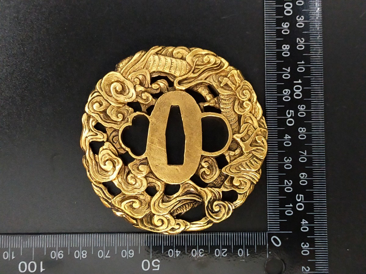 Q6807 刀鍔 金龍の図 銅地 絵金銀 日本刀装具 刀剣美術 鍔 つば 鐔 刀