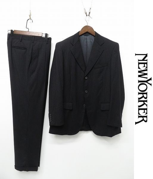 Q182/美品 NEWYORKER セットアップ スーツ ジャケット パンツ ストライプ 3つ釦 総裏 サイドベンツ 2タック 裾ダブル AB6 M~L 濃紺
