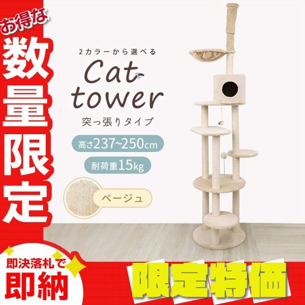 【限定セール】突っ張り型 キャットタワー 高さ237～250cm 耐荷重15kg スリム 爪とぎ おもちゃ ベッド おしゃれ 運動不足解消 ベージュ