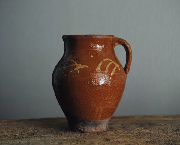 19世紀 アメリカ スリップウェア 抽象文 ピッチャー / 古民芸 水注 米国 レッドウェア 花器