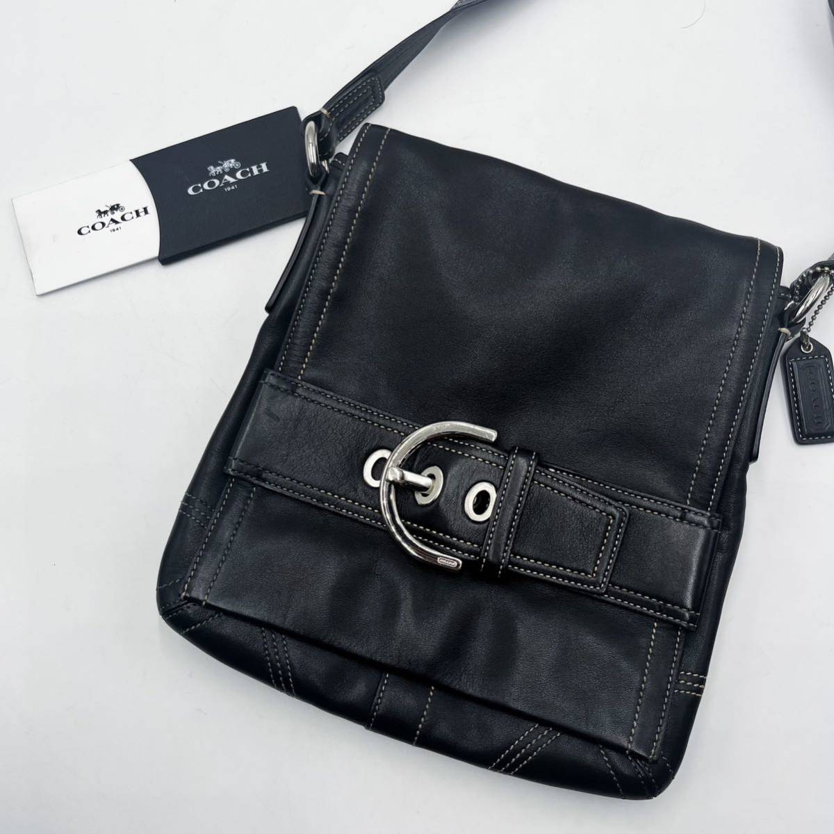 1円 【極美品】コーチ COACH ショルダーバッグ サコッシュ ポシェット レザー 革 ブラック 黒 メンズ レディース
