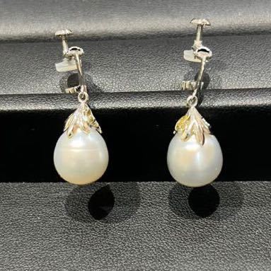 D453】パールイヤリング WGK14 0.06Ctメレダイヤ付き 楕円大粒 総重量