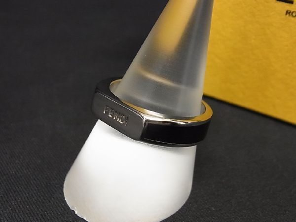 1円 ■極美品■ FENDI フェンディ ローマ リング 指輪 アクセサリー 表記サイズ M (約21号) メンズ シルバー系×ブラック系 AL0993