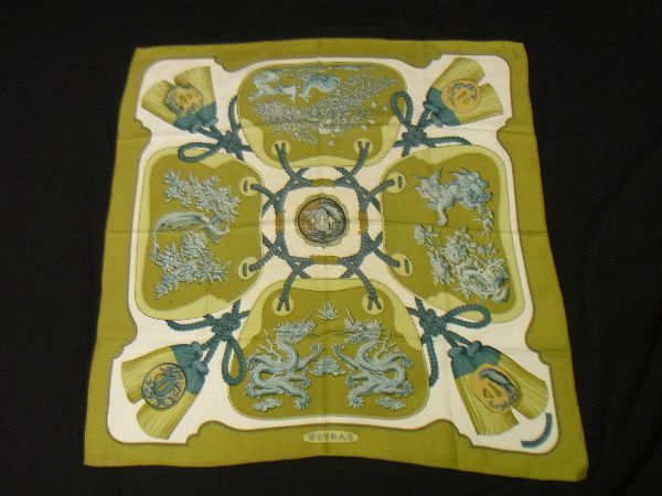 1円 HERMES エルメス TSUBAS 【鍔】 カレ90 シルク100% 大判 スカーフ ストール ショール ライトグリーン系×マルチカラー CA7155