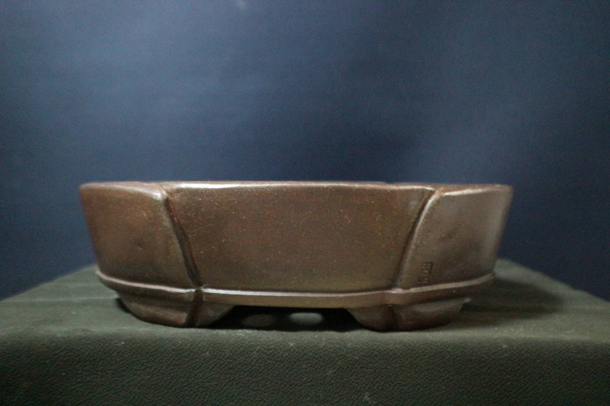 中野行山 手作り 初期作 紫泥楕円鉢 植木鉢 中国 松柏盆栽 皐月 27.5cm 展示会 人気品薄作家