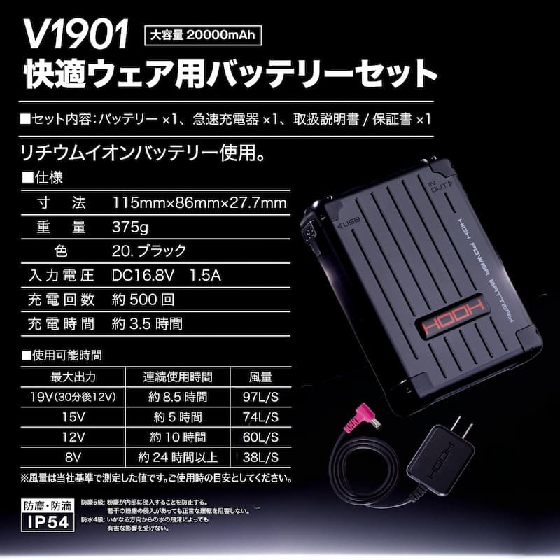 2023新型 19V ファンバッテリーセット 20000mAh 大容量 空調服 HOOH