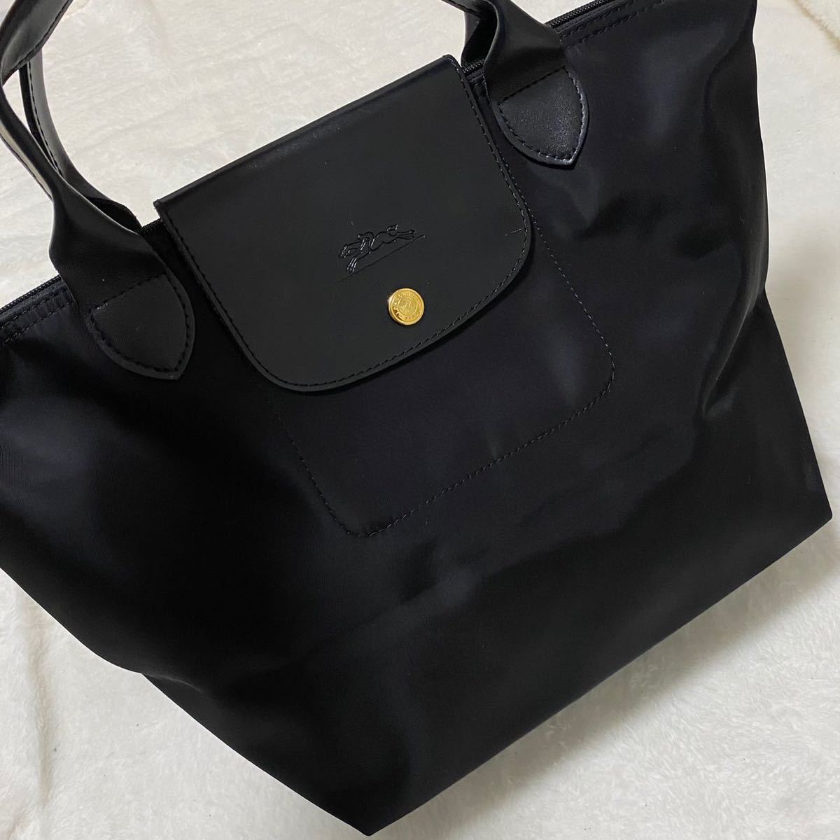 【18-115】ロンシャン LONGCHAMP ナイロン レザー トートバッグ ハンドバッグ 軽量 大容量 良品 匿名配送 レディース ブランド 黒 ブラック