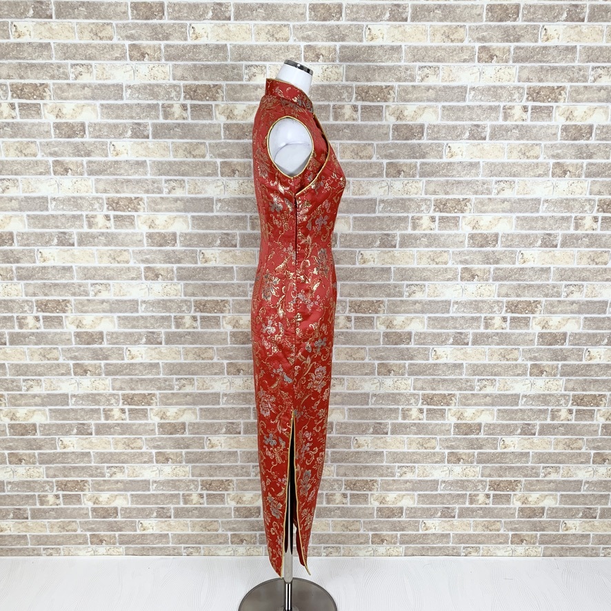 1円 チャイナドレス 美品 袖無し M 赤 金青豪華装飾 裏地有 ロング  