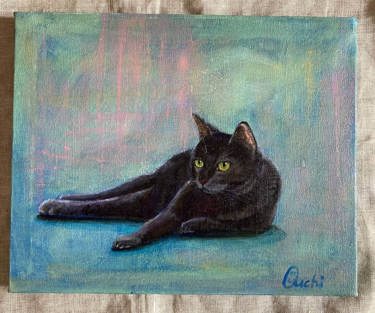 黒猫の絵☆直筆 アクリル画 ネコのイラスト ねこ 294(動物画)｜売買