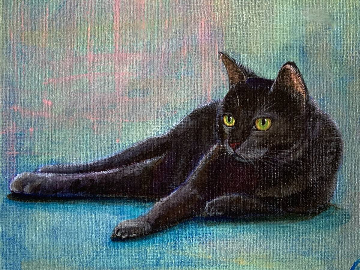 黒猫の絵☆直筆 アクリル画 ネコのイラスト ねこ 294(動物画)｜売買