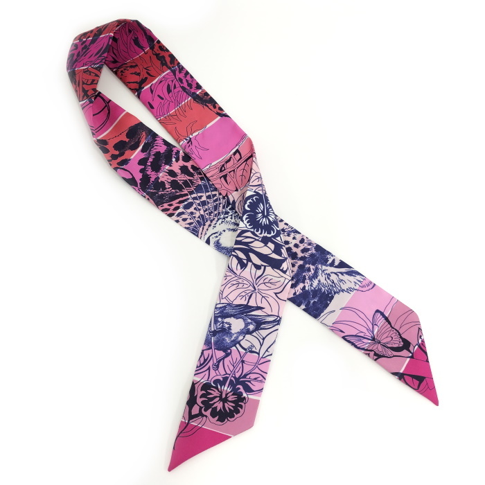 【中古】HERMES ツイリースカーフ 花柄 シルク ピンク系 マルチカラー