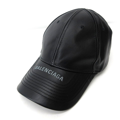 バレンシアガ BALENCIAGA 帽子 レザー キャップ 牛革 ロゴ 黒 ブラック