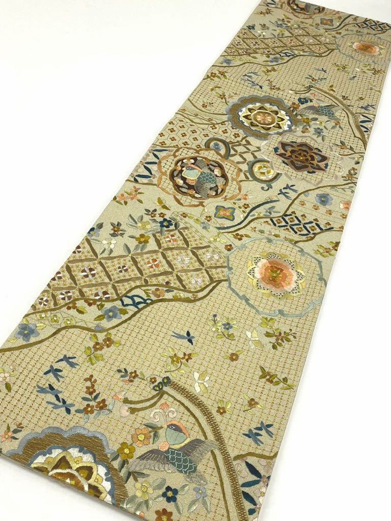 蘇州刺繍 相良刺繍 汕頭刺繍 袋帯 つづれ地 七宝繋ぎ 鳥 花文様 蘇州刺繍 相良刺繍 汕頭刺繍 袋帯 つづれ地 七宝繋ぎ 鳥 花文様