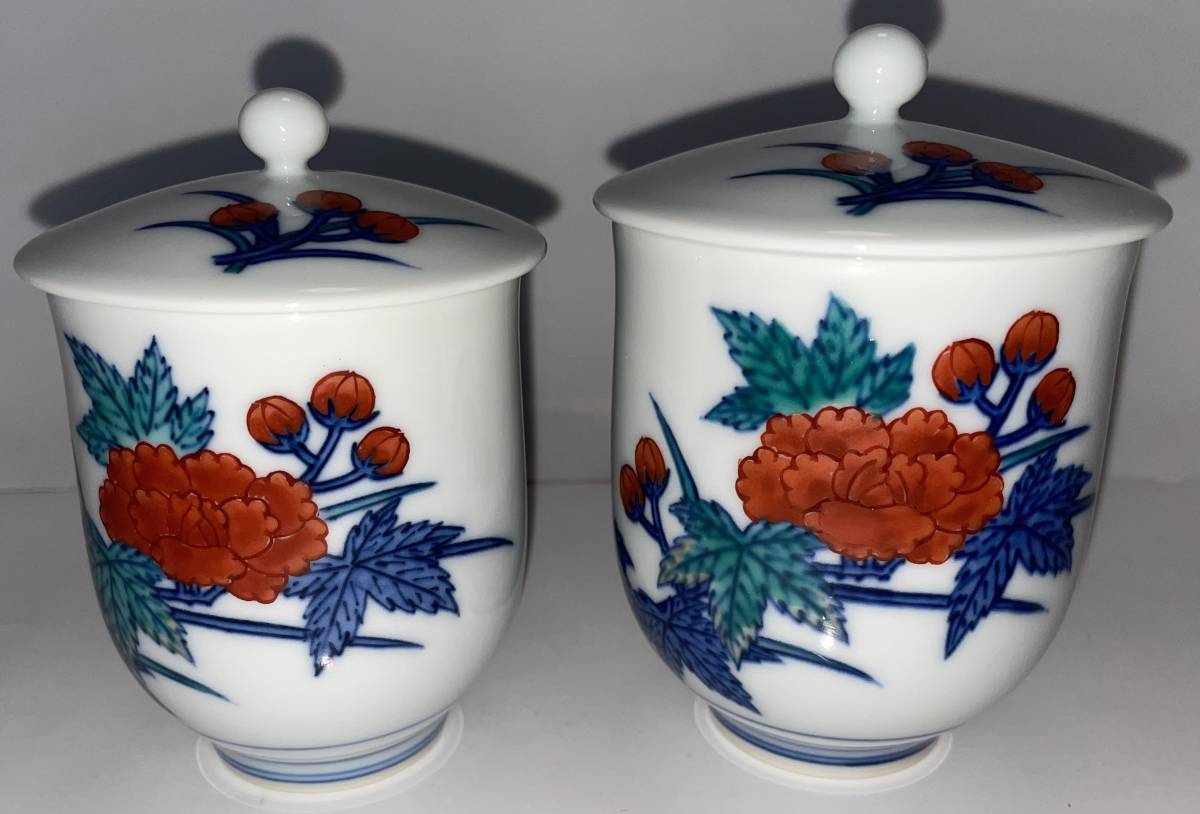 十二代 今泉今右衛門 錦芙蓉絵組湯呑 （夫婦 2客）共箱／栞 十二代