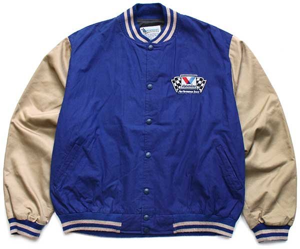 ★90s USA製 Valvoline NASCAR MARK MARTIN チェッカーフラッグ 刺繍 ツートン コットン×ツイルスタジャン L★オールド ジャケット