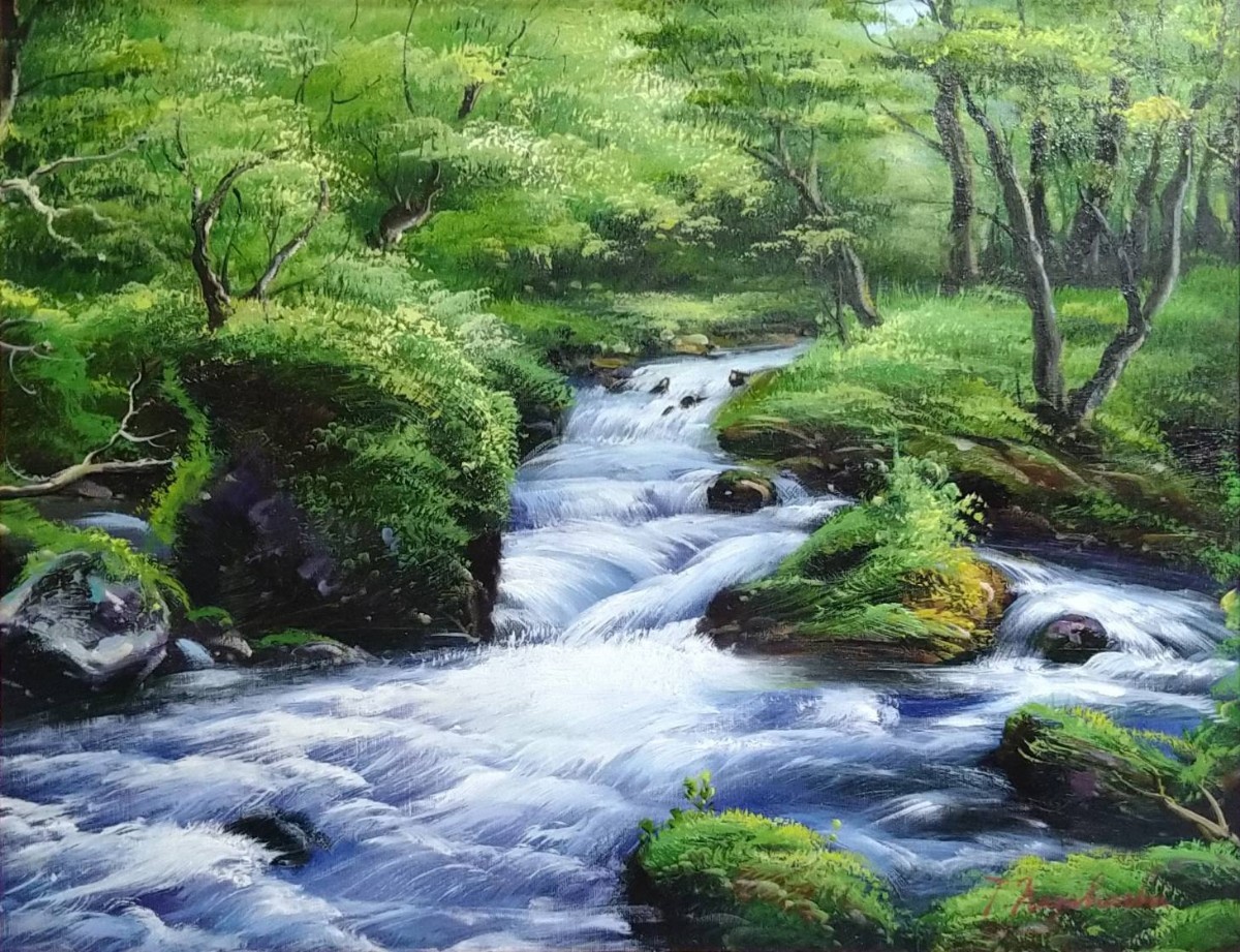 風景画 油彩 滝と森林のアートスプレーアートF15 滝と森林の油彩画 【公式通販】