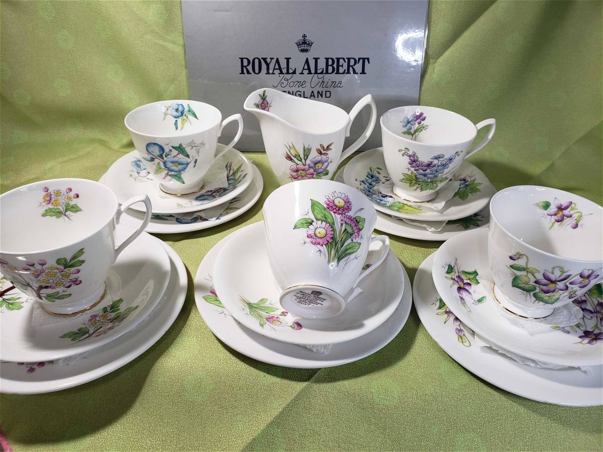 ☆ロイヤルアルバート フラワーオブザマンス初期 カップ＆ソーサー＆ケーキプレート トリオ５客＋６月クリーマー セット送料無料！