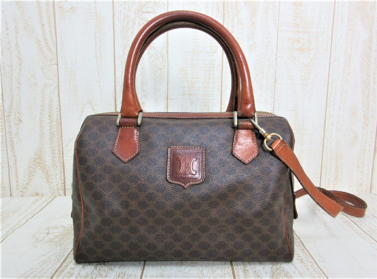 CELINE&frasl;セリーヌ：マカダム柄 2WAY ボストンバッグ PVC レザー オールド ヴィンテージ ショルダーバッグ 中古&frasl;USED  ,CELINE&frasl;セリーヌ