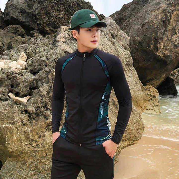 ラッシュガード 3点セット L メンズ 黒×南国柄 水着 ヨガ 調節紐あり 水着 ラッシュガード ３点セット 調節紐あり XL おしゃれ