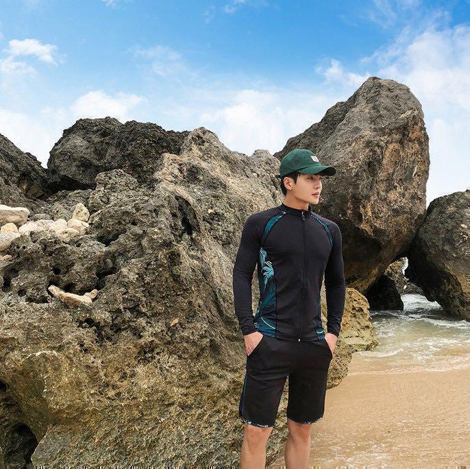 ラッシュガード 3点セット L メンズ 黒×南国柄 水着 ヨガ 調節紐あり 水着 ラッシュガード ３点セット 調節紐あり XL おしゃれ