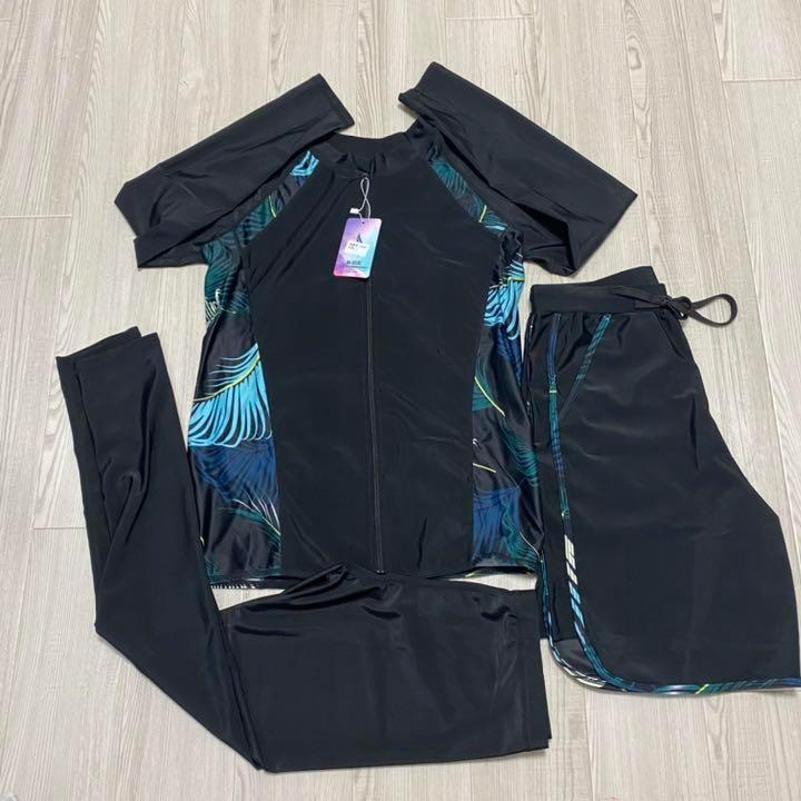 ラッシュガード 3点セット L メンズ 黒×南国柄 水着 ヨガ 調節紐あり 水着 ラッシュガード ３点セット 調節紐あり XL おしゃれ