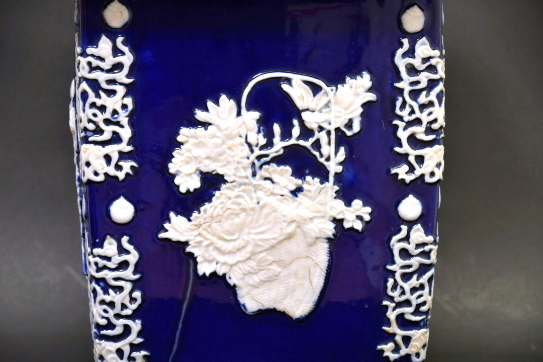 075 尾張焼 瑠璃釉 植木鉢 陽刻 幕末から明治時代 花器 盆栽 盆器 観葉