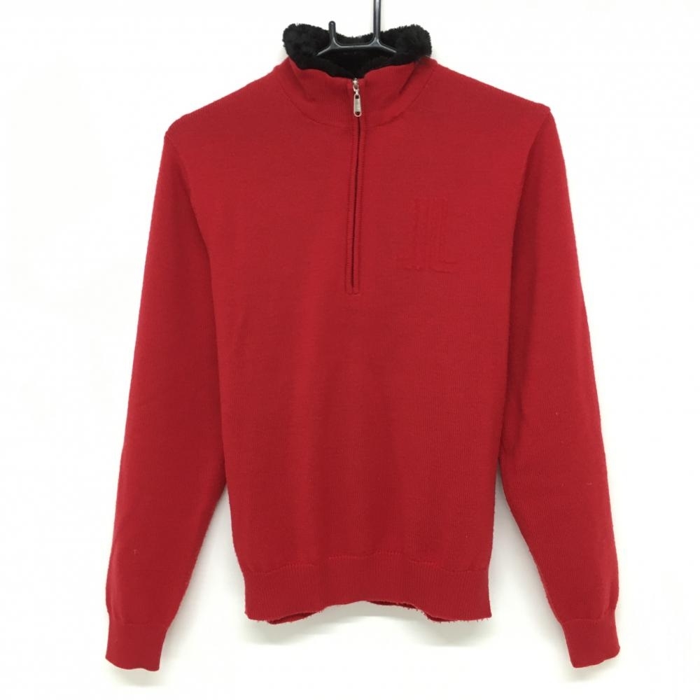 ランバンスポール ハイネックセーター レッド×黒 ニット 襟裏起毛 ハーフジップ ウール100％ メンズ 38(M) ゴルフウェア LANVIN SPORT