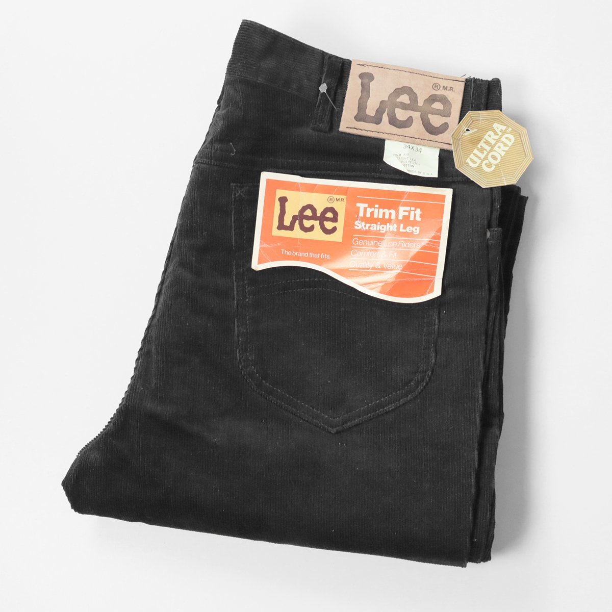 未使用 Lee RIDERS ◆80s 203-2801 USA製 コーデュロイ ストレートパンツ 黒 34×34 (フラッシャー付) ヴィンテージ リー ◆TS24