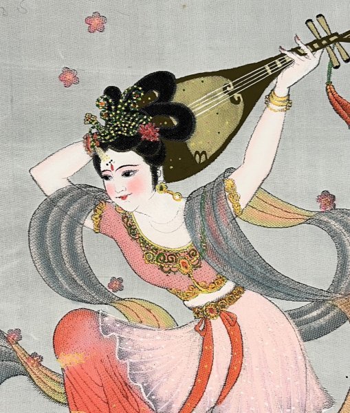 複製］「飛天女琵琶」絹本 布地 工芸 人物画 美人画 中国 中国美術