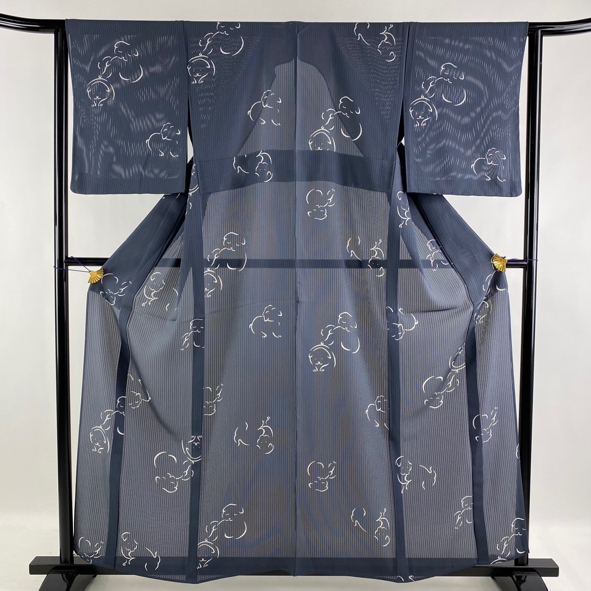 小紋 美品 名品 縦絽 犬 灰色 薄物 身丈159cm 裄丈63.5cm S