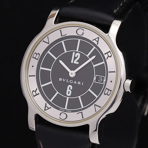 1円 稼働 良品 ブルガリ QZ ST35S ソロテンポ 黒文字盤 デイト 純正尾錠 ラウンド メンズ腕時計 0623700KYM