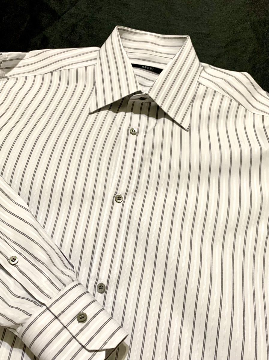 ◆大き目2XL~3XL相当◆送料無料！◆定価6.2万-★超美品+高級クリーニング！◆GUCCI グッチ 高級 長袖シャツ 薄青地 (白.グレー)ストライプ 