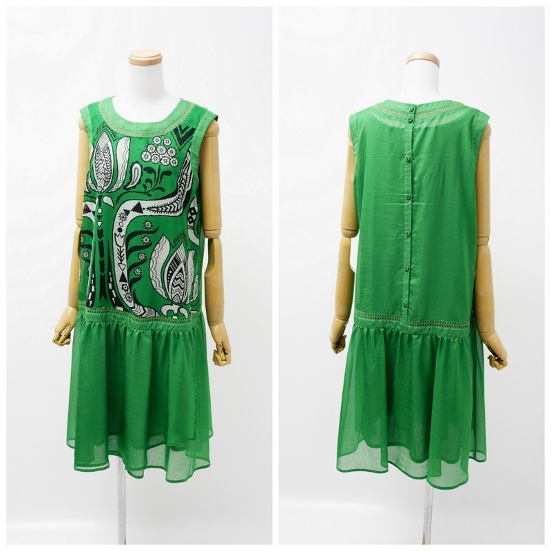 TG0392□TOKUKO 1er Vol/トクコ プルミエヴォル*透け感*ノースリーブ*Aライン*ワンピース/ドレス*グリーン*size9*アンダードレス付